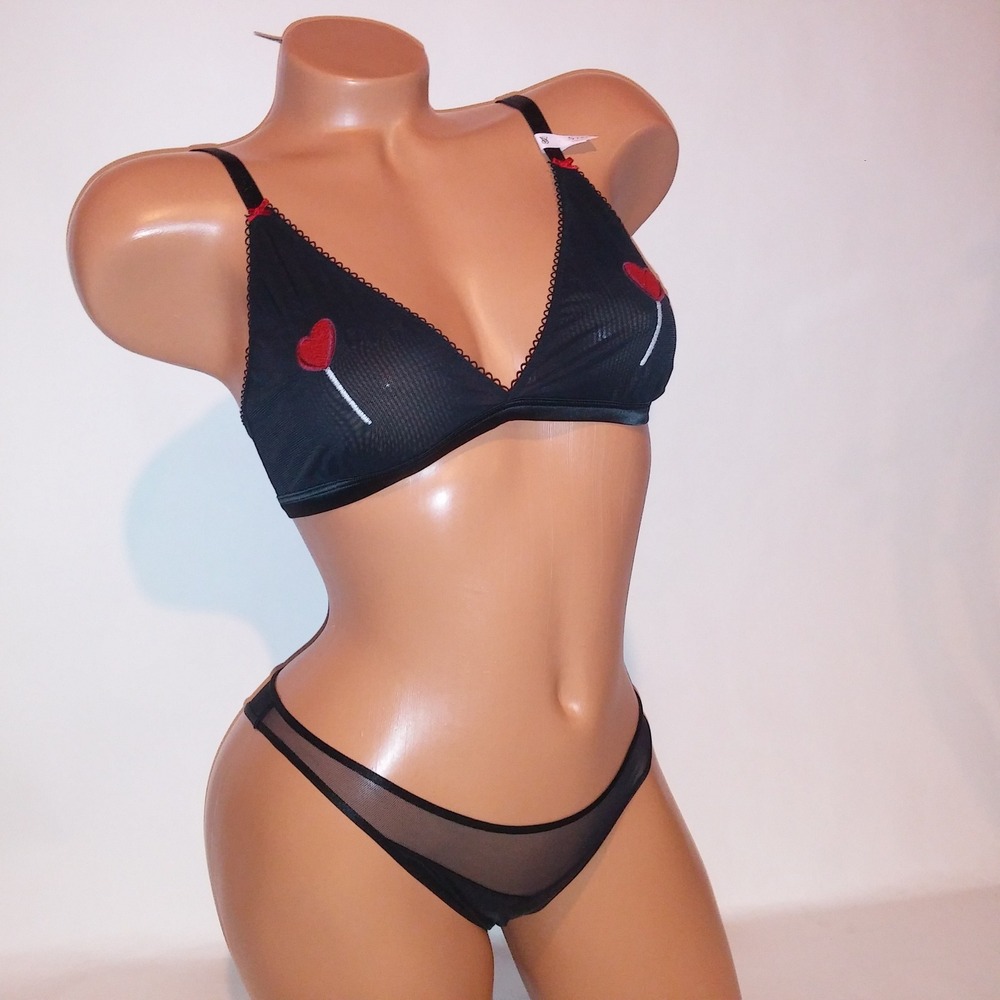 Victoria Secret Bra Set Small Bralette & Panty Black Heart Itsy Sheer DD Cup New